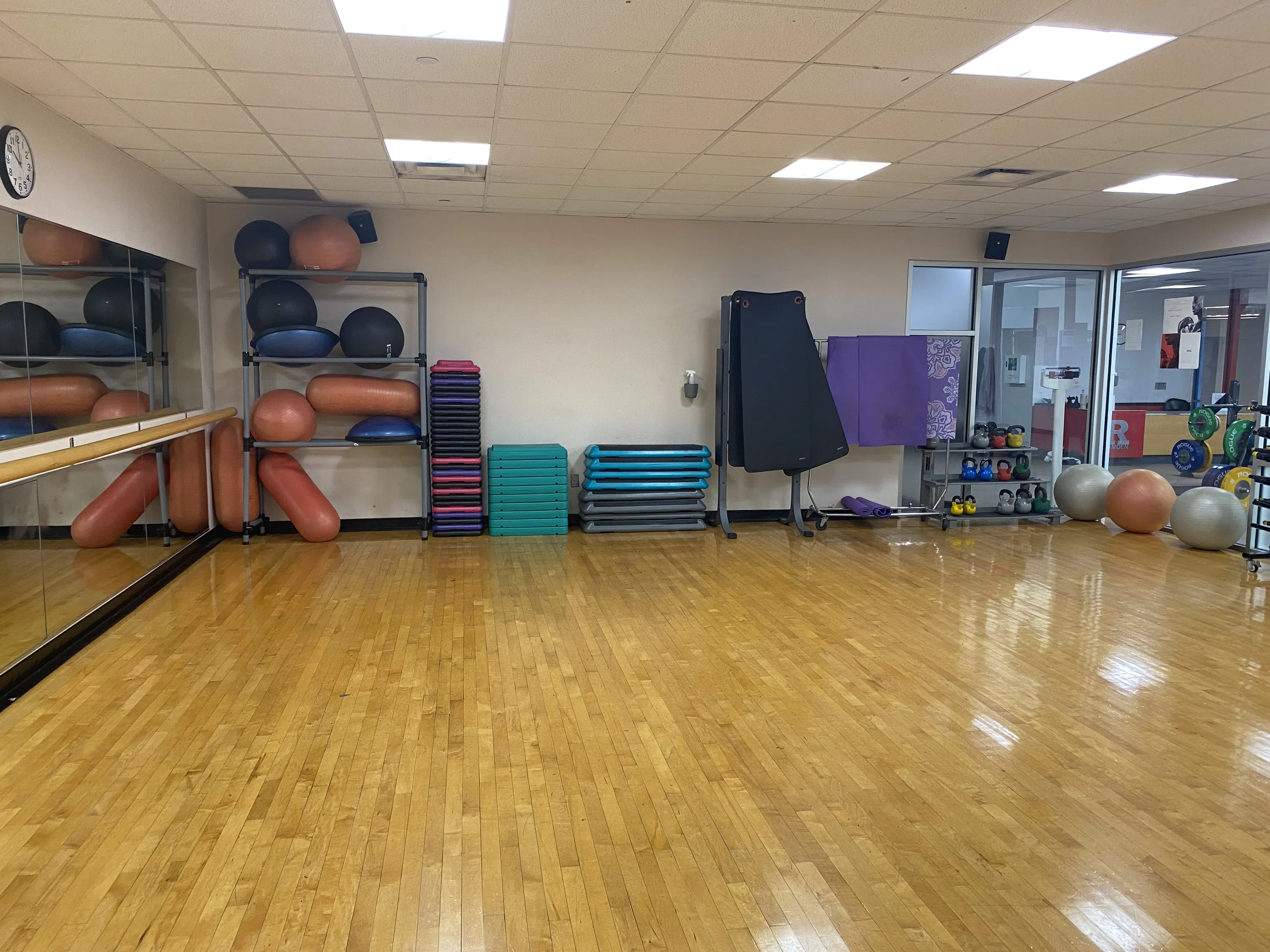 A room with a mirror and other fitness equipment.