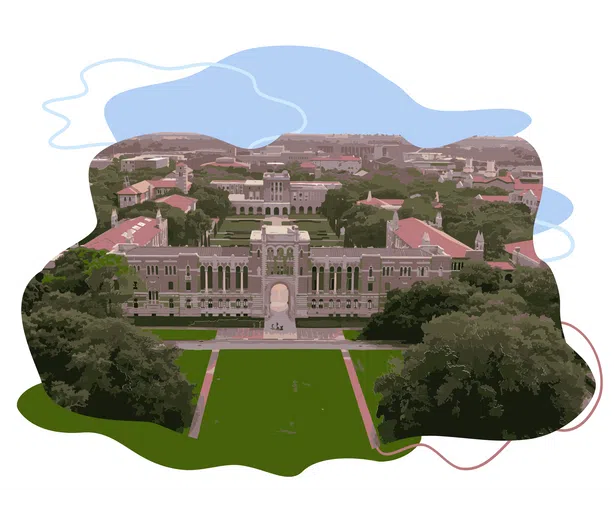 Rice University's campus located in Houston, Texas at sunset.