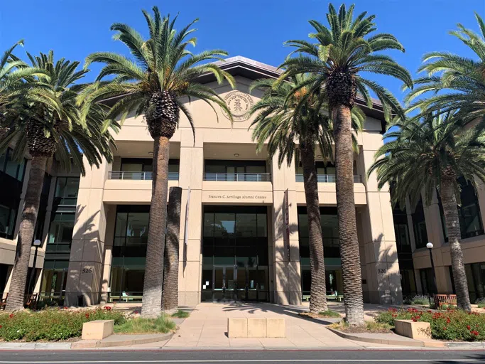 Three-story building with small plaza in front containing multiple tall palm trees.