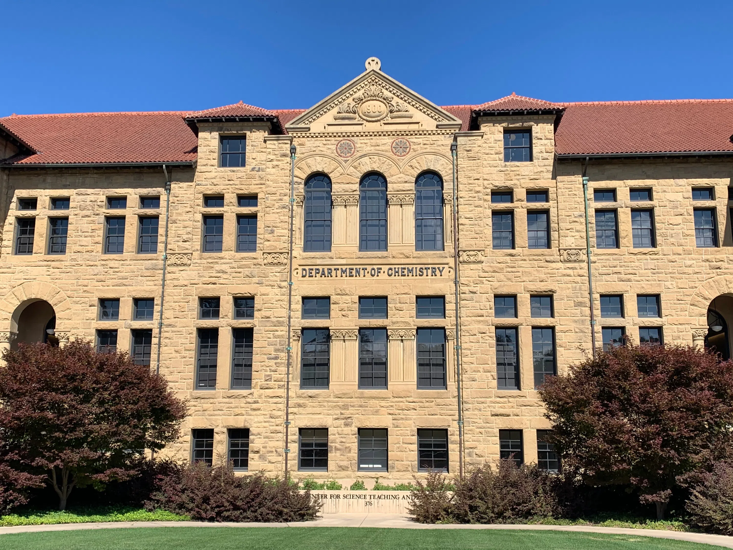 Front of a four-story sandstone building engraved with "Department of Chemistry" and "1900" and newly marked as the "Sapp Center for Science, Teaching and Learning"