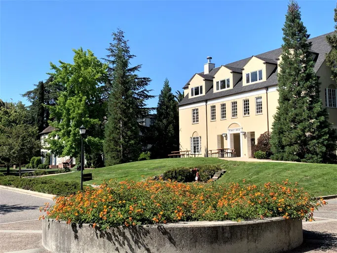 Three-story residences line a private street landscaped with trees and flowers.