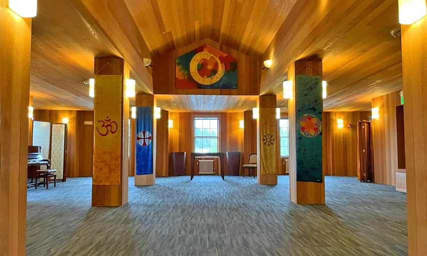 Airy indoor space with representations of different world religions and cultures.