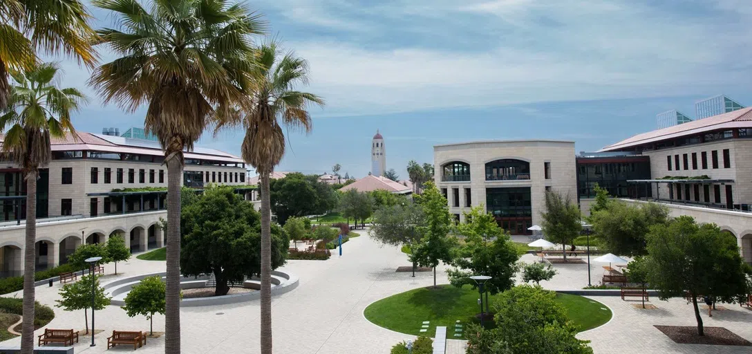 Elevated view facing east of the Science & Engineering Quad Courtyard with Hoover Tower in the distance