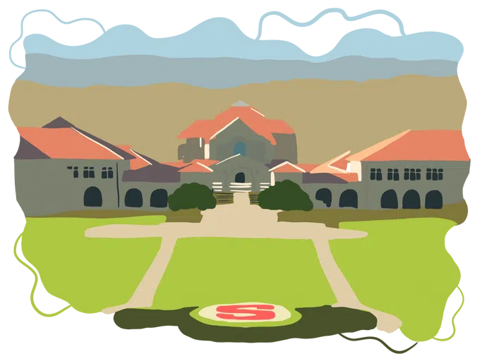 Illustration of Stanford's main quad with large green area and mountains in the background.