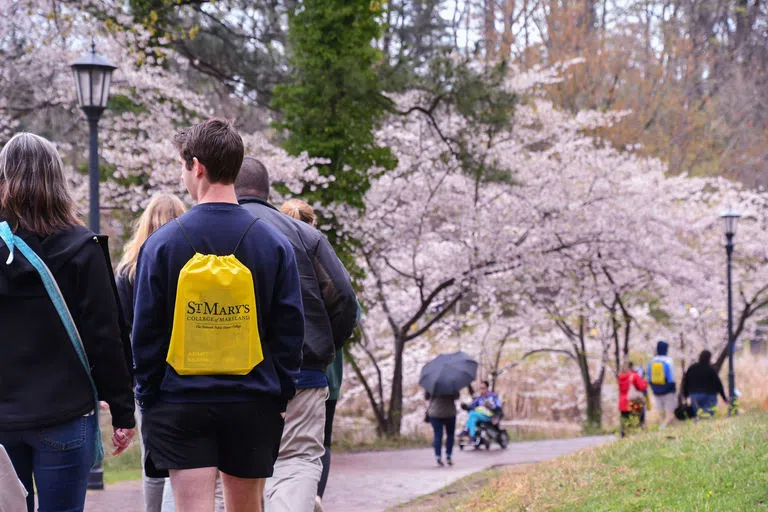 Prospective students and their family members walking on the path.