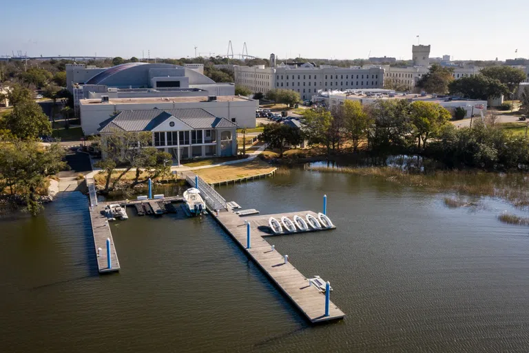 Aerial view of Swain Boating Center and docks