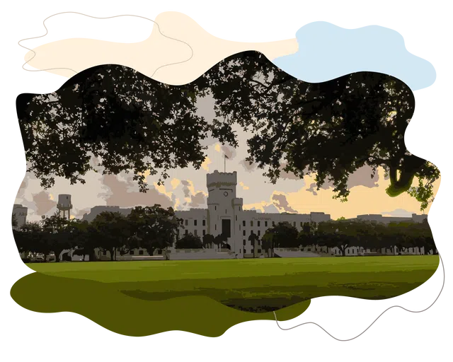 Main campus building with trees in foreground and lawn in front 