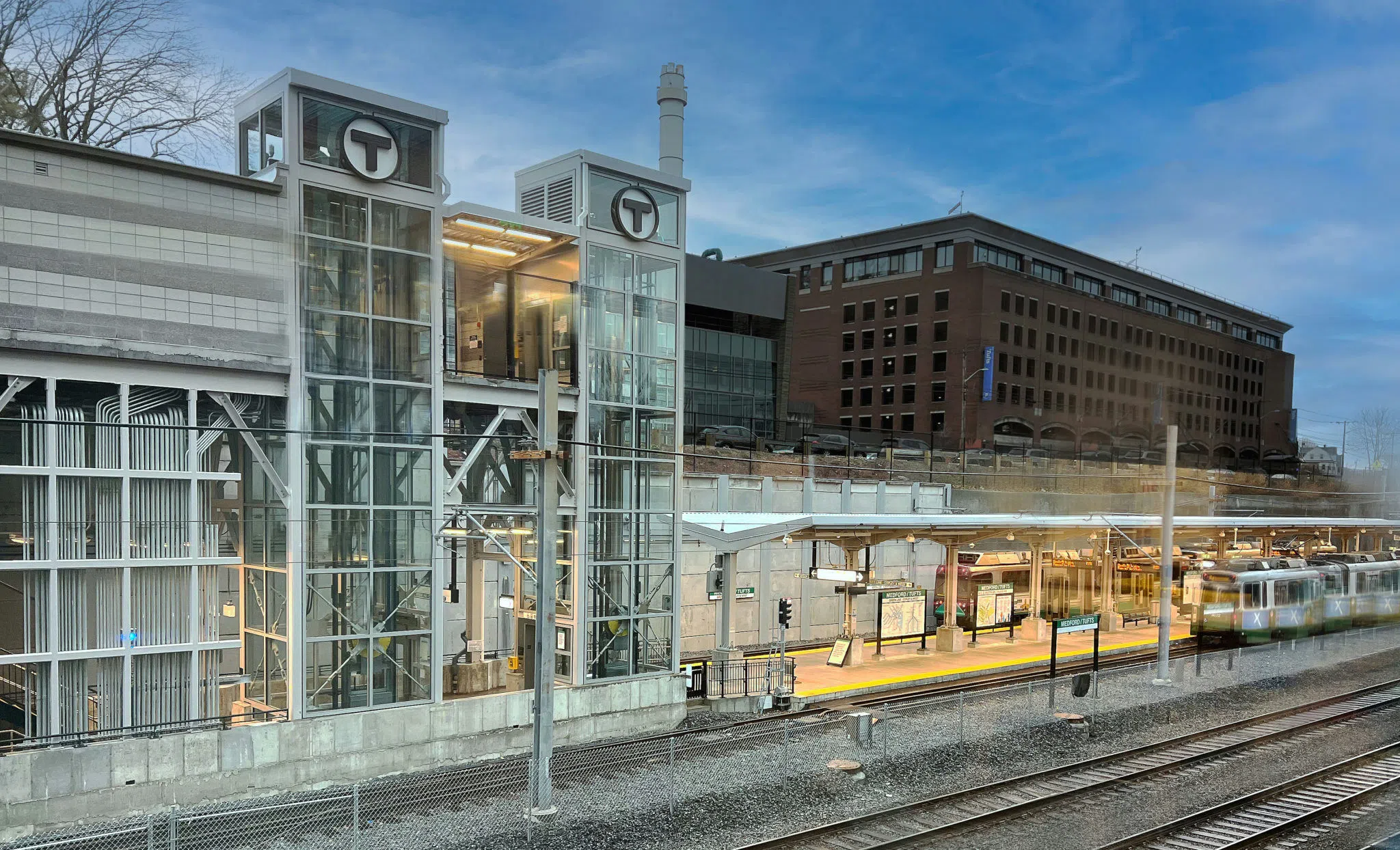 Medford/Tufts Green Line MBTA Station on Boston Ave, across from nearby Dowling Hall