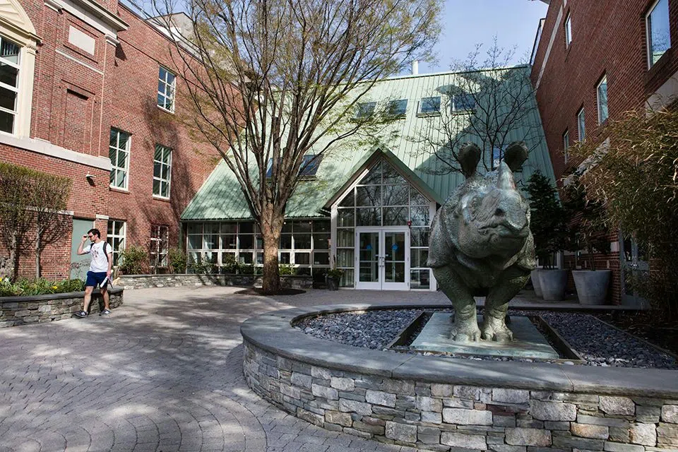 The SMFA campus' main entrance which includes Bessie, who watches over the SMFA's entrance.