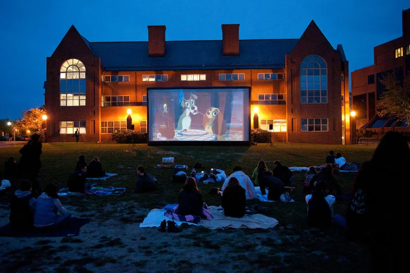 Movie night in front of the Olin Center on the residential quad