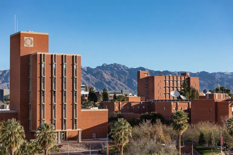 View of the Administration Building and clock tower with palm trees and grassy mall area.