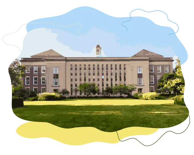 The quad with main campus building and sky