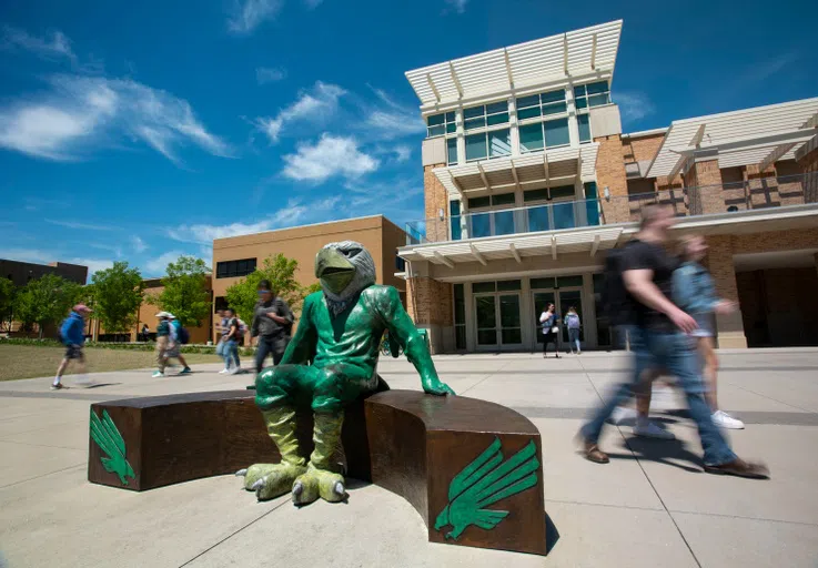 Sculpture of Scrappy the Eagle, mascot of UNT, outside the main entrance of the University Union 