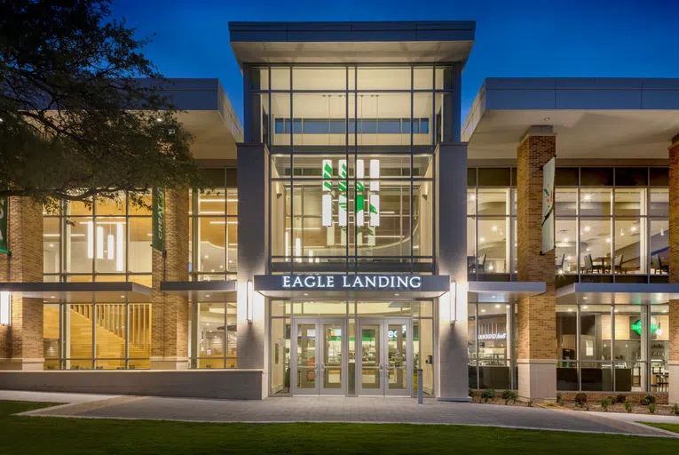 Exterior of Eagle Landing at dusk. 