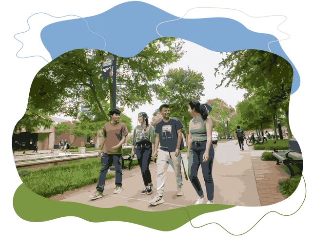 Four students walking outside on the UNT Library Mall.