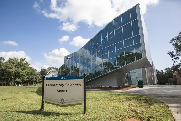 Exterior of Lab Sciences Annex, Building 58C,  with signage.