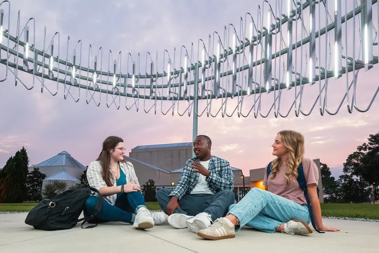 UWF students socializing and enjoying the light show the Constellations art installation has to offer on the lawn of the Center for Fine and Performing Arts.