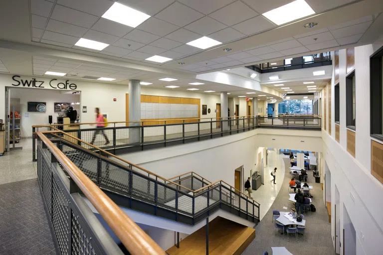 The interior of the first two floors of the College of Business. 