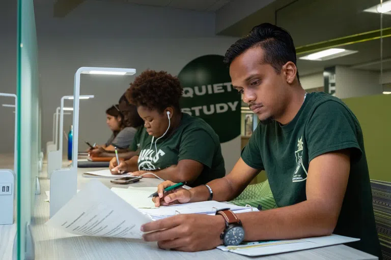 Diverse group of students sitting next to each other studying independently. Sign on the wall behind them reads, "Quiet Study".