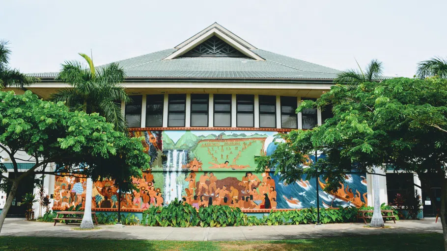 Mural Painted by Student as their capstone project - it took him a whole year! It is a depiction of the Hawaiian Culture, Makahiki Games. 