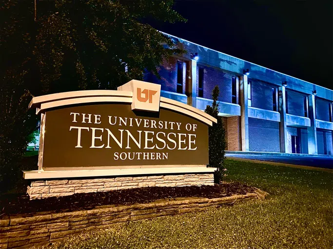 One of our main signs, lit from behind with Blue light. 