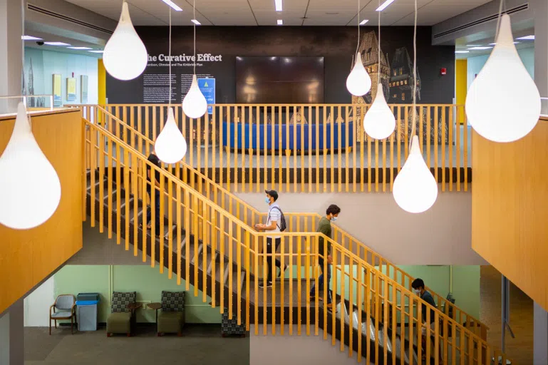 Interior photo of stairs inside Silverman Library at the University at Buffalo.