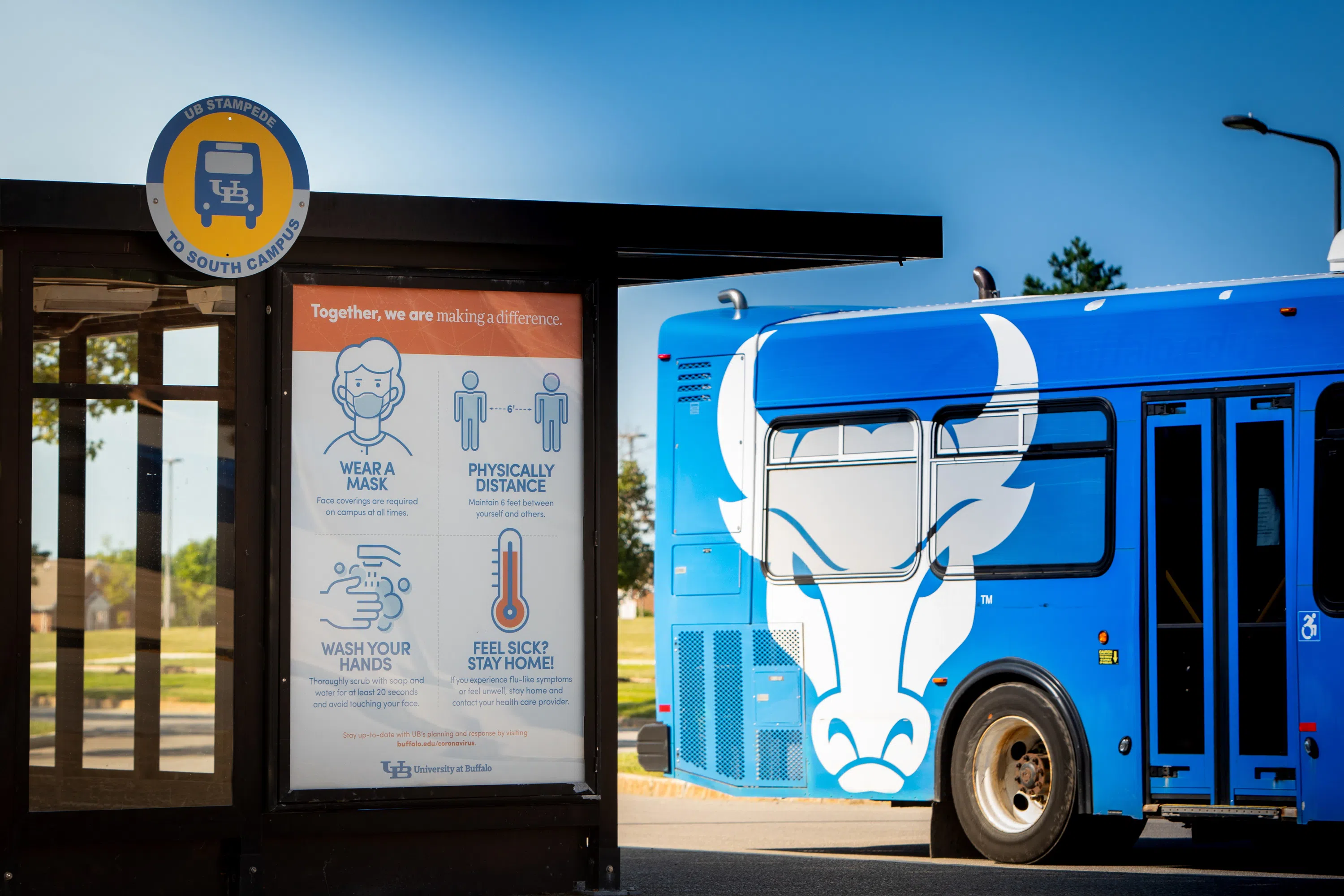 Photo of a UB Stampede bus near one of UB's many bus stops.