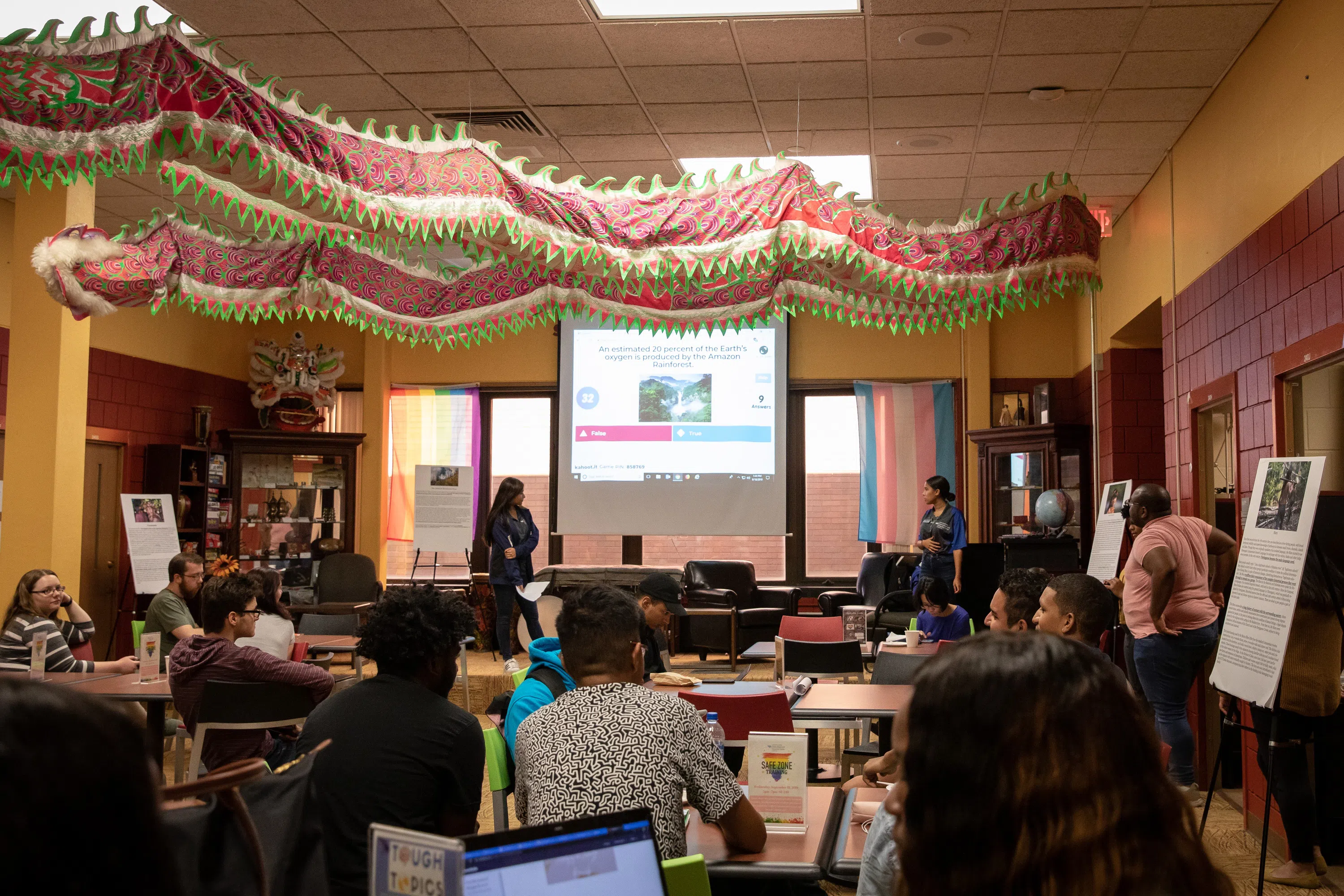 Interior photo of Intercultural and Diversity Center. The IDC hosts a dessert hour on the topic of "Indigenous Tribes of Brazil" in their office.