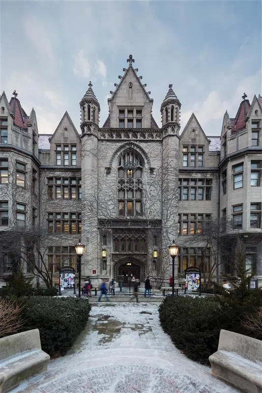 the front of Cobb hall at dusk