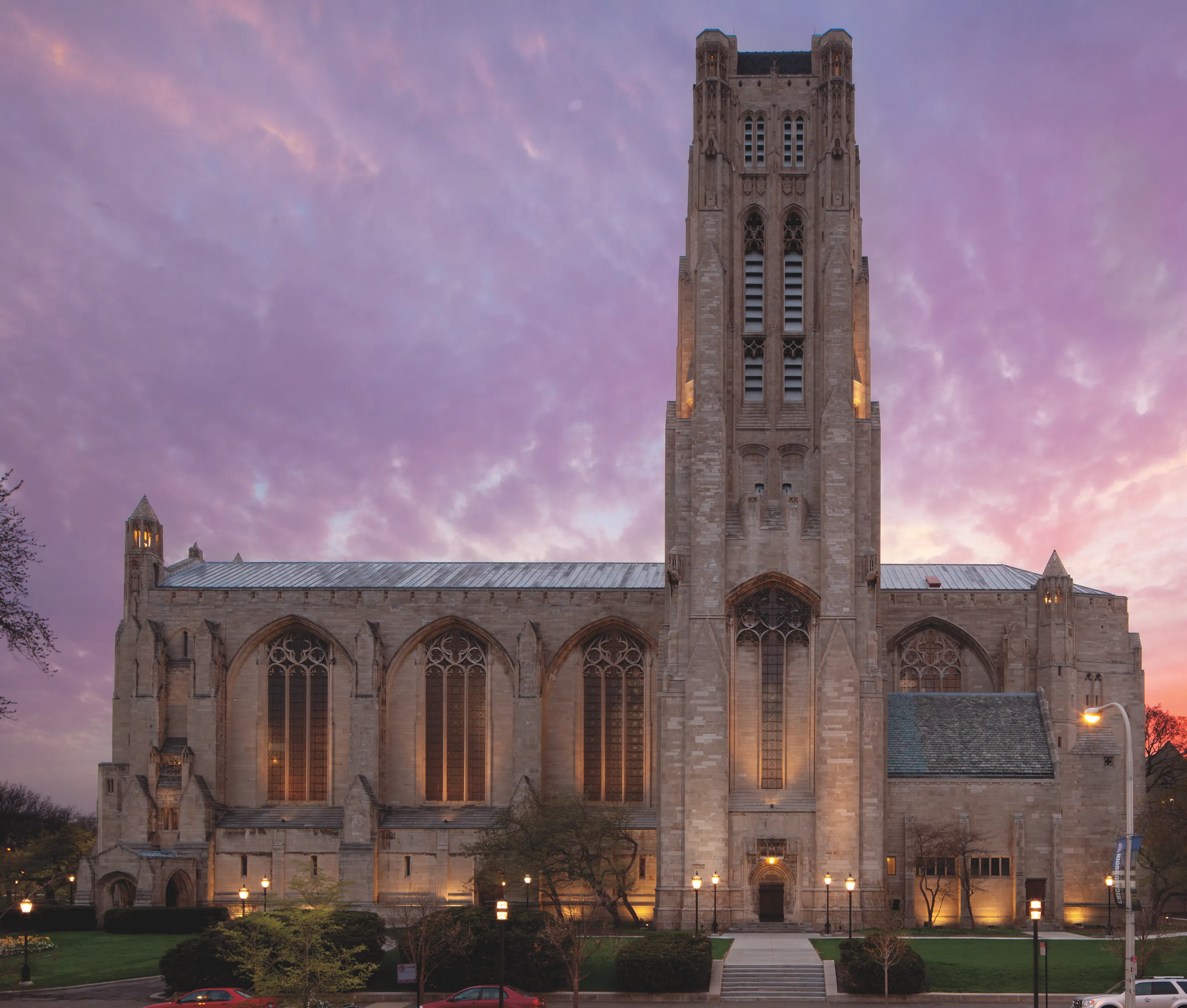 Rockefeller chapel viewed from the east at sunset
