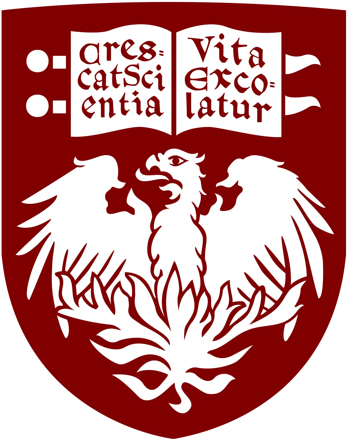 Maroon shield with a phoenix and the text "Crescat scientia vita excolatur"