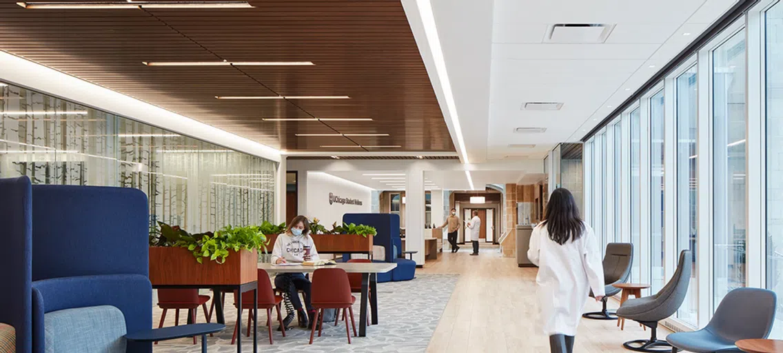 interior shot of wellness center with students and physicians walking through