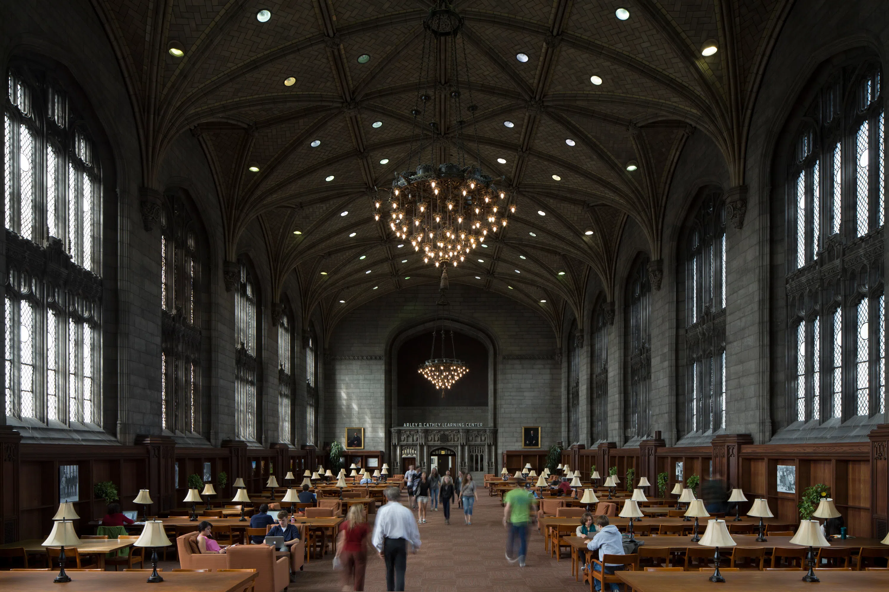 large reading room with chandelier