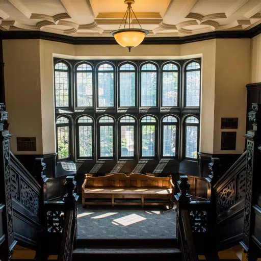 A bench under a large window pane. A large grand staircase leads up to it.