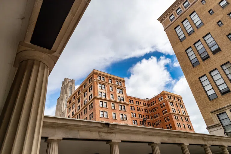 view of William Pitt Union from the Schenley Quad