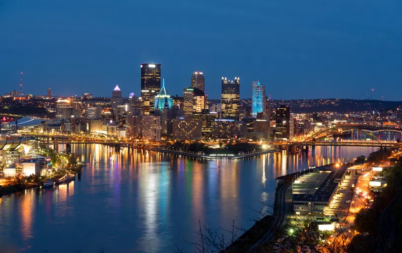 View of downtown Pittsburgh with Cathedral of Learning in the background