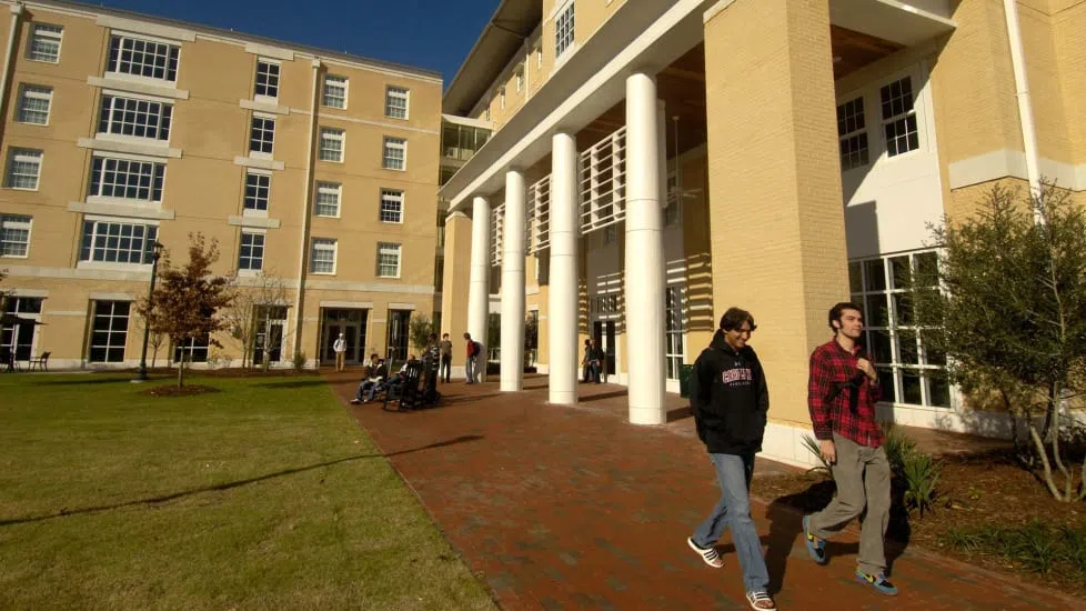 View of the courtyard, brick pathway and the Honors Residence