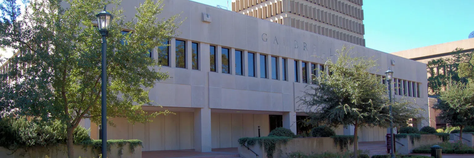 View of the front of Gambrell Hall during the day