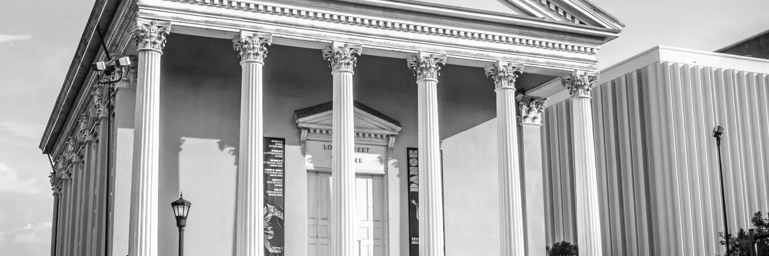 Black and white view of Longstreet Theatre.