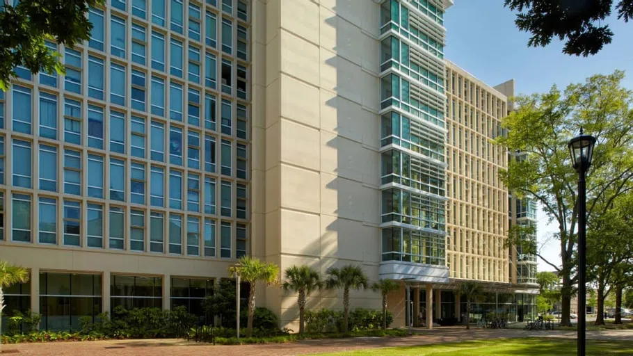 View of Patterson Hall and its courtyard during the day