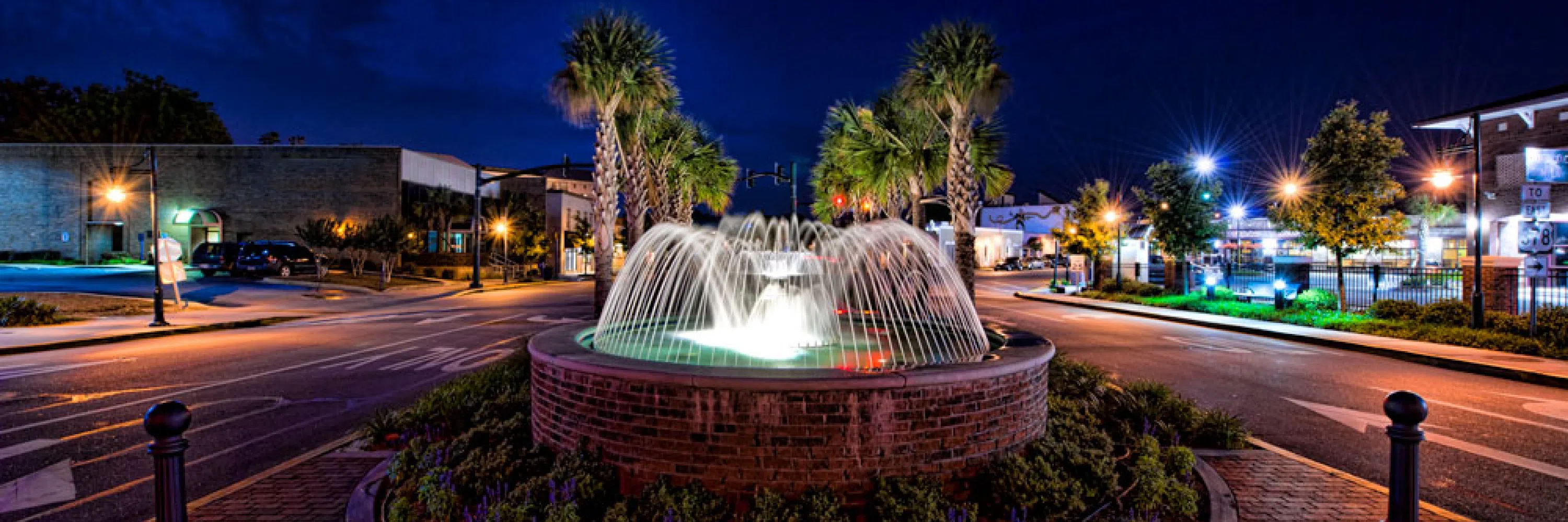 View of the fountain in Five Points during the evening