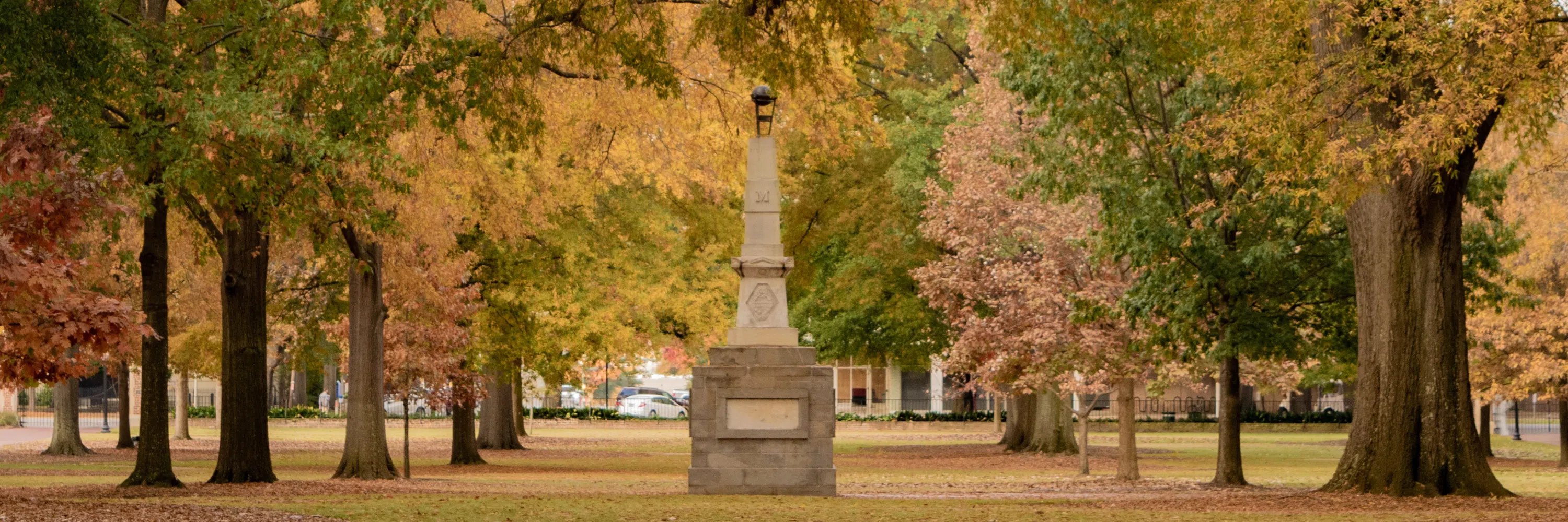 View of the Maxcy Monument during a fall day