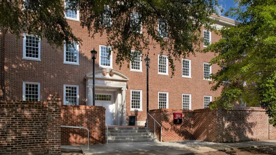 View of the newly renovated home of the School of Journalism and Mass Communications from Sumter Street