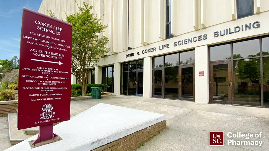 View of the front of the Coker Life Sciences Building during the day