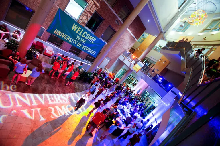 Looking down into the Davis Center to students gathered for Week of Welcome activiites.