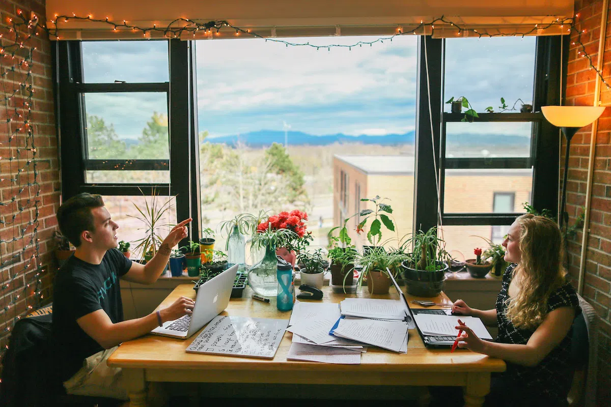 Two students sitting at a table in front of a window in L&L working together.