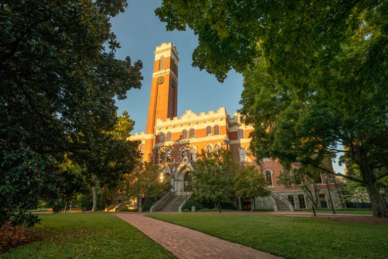 Sun shining on the exterior of Vanderbilt's Kirkland Hall.