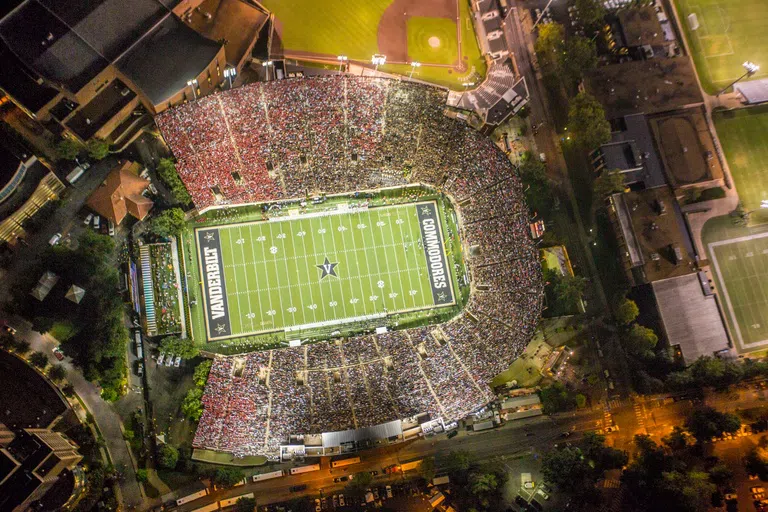 Aerial image of Vanderbilt Stadium for a night football game