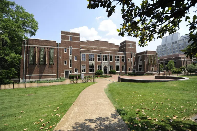 Exterior photo of Vanderbilt's Central Library showing pathway to the front door.