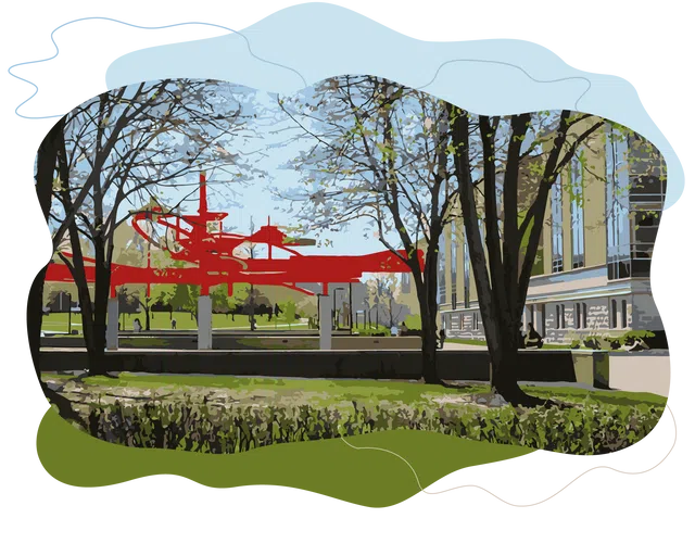 The image focuses on a sculpture on campus known as Turning Points, a large red sculpture in the center of campus. Students are walking around.